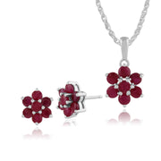 Pendentif et Boucles d'Oreilles Clou Floral Argent 925 Rubis Cluster