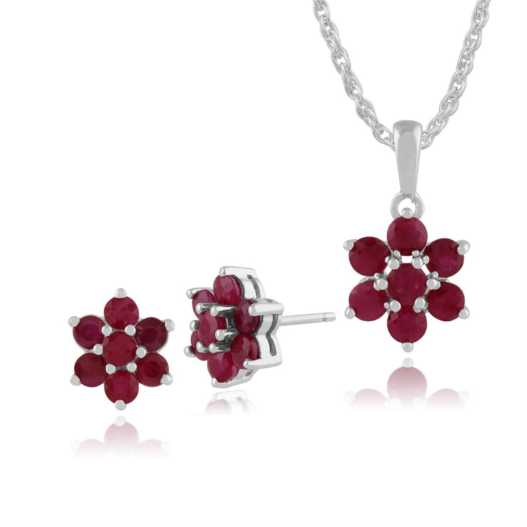 Pendentif et Boucles d'Oreilles Clou Floral Argent 925 Rubis Cluster