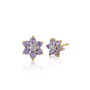Boucles d'Oreilles Clou Floral Or Jaune 375 Tanzanite Rond et Diamant Style Cluster