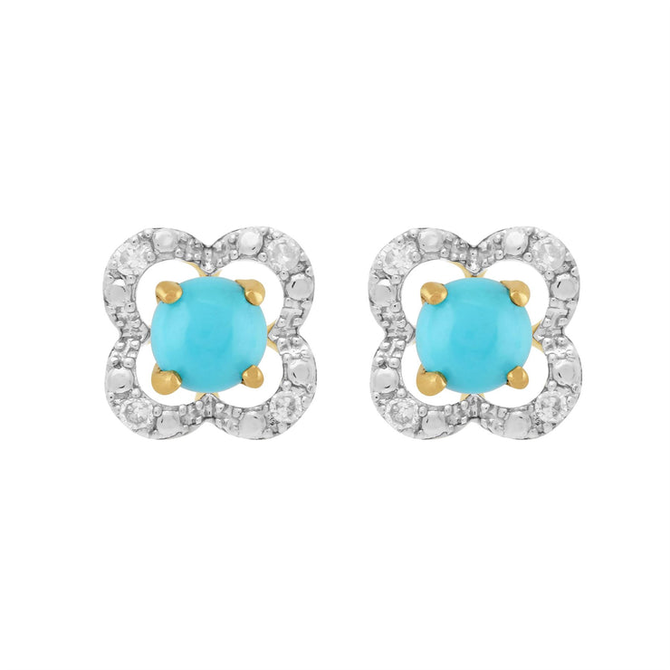 Boucles d'Oreilles Clou Turquoise Classique Or Jaune 375 et Ear-Jacket Fleur Diamant