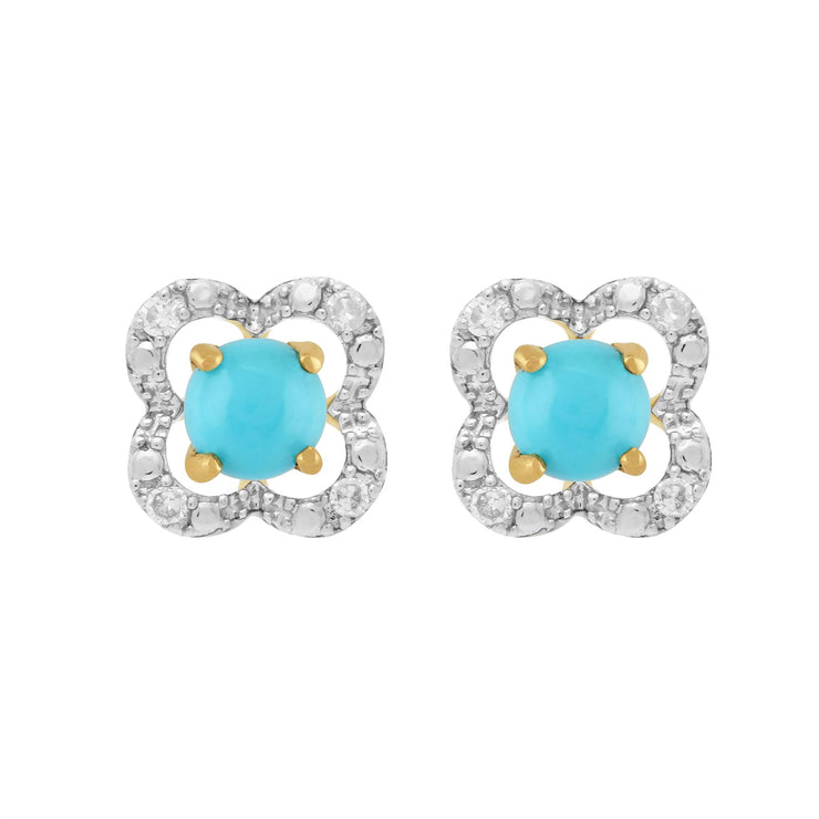 Boucles d'Oreilles Clou Turquoise Classique Or Jaune 375 et Ear-Jacket Fleur Diamant