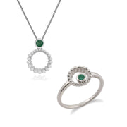 Bague et Pendentif Classique Argent 925 Emeraude Halo serti Clos