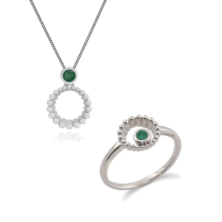 Bague et Pendentif Classique Argent 925 Emeraude Halo serti Clos