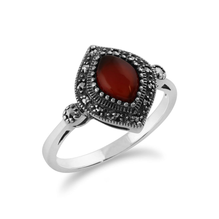 Gemondo Art Déco Bague, 925 Sterling Silver 1.00ct Cornaline & Marcassite Art Déco Bague