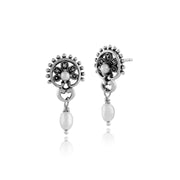 Boucles d'Oreilles Pendantes Floral Argent 925 Perles de Culture et Marcassite