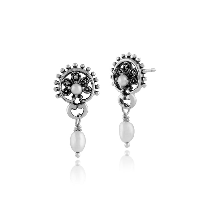 Boucles d'Oreilles Pendantes Floral Argent 925 Perles de Culture et Marcassite