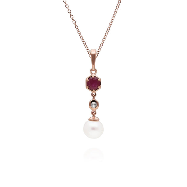 Pendentif Perle Moderne Argent 925 Plaqué Or Rose Perle, Rubis et Topaze