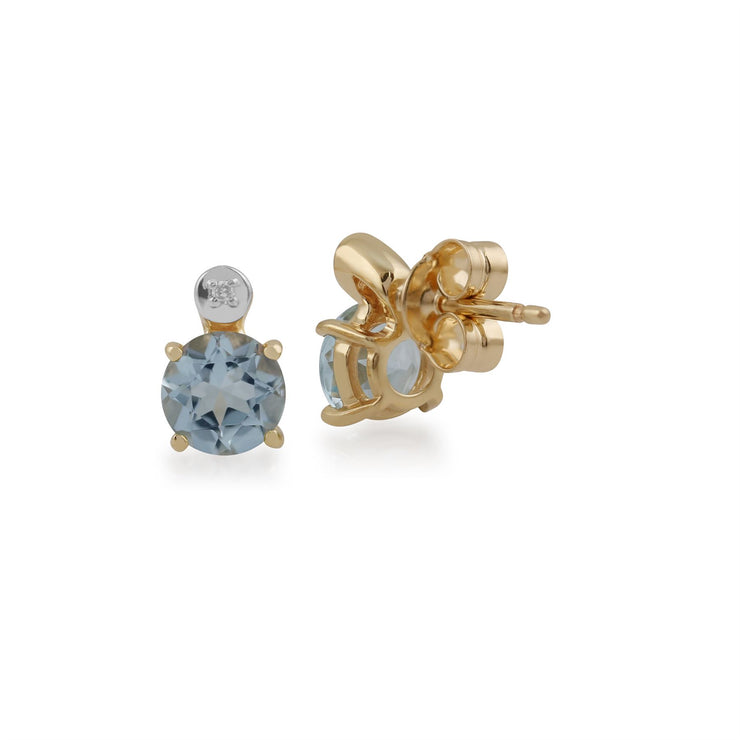 Boucles d'Oreilles Clou Classique Or Jaune 375 Aigue-Marine Ronde et Diamant