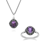 Pendentif et Bague Style Art Déco Argent 925 Améthyste et Marcassite Cluster Oval
