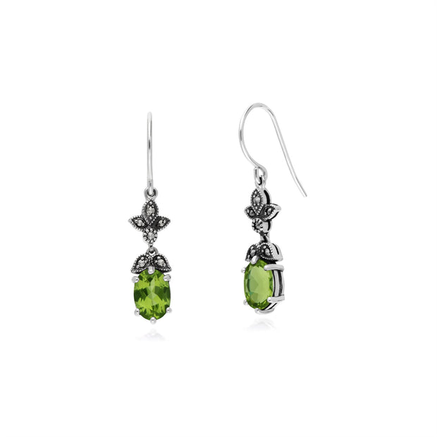 Peridot Boucles D'Oreilles, Argent Sterling Peridot & Marcassite Ovale Art Nouveau Boucles D'Oreilles Goutte