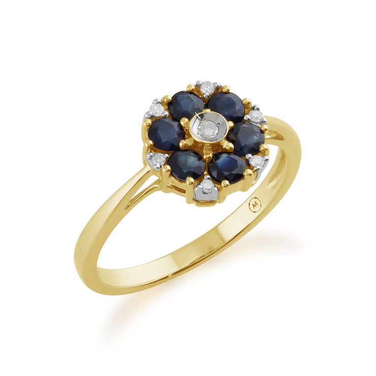 gemondo 9 Ct Or Jaune Floral 0.78ct Bleu Saphir & Bague diamant