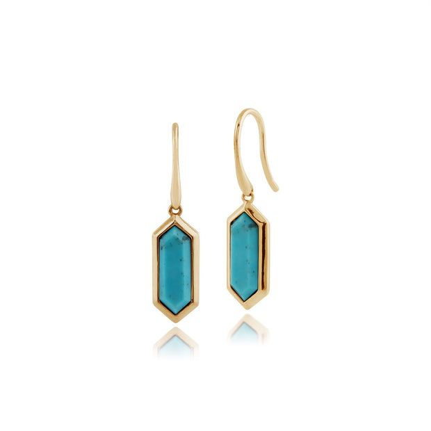 Boucles d'Oreilles Pendantes Géométrique Argent 925 Plaqué Or Turquoise Prisme Hexagonal