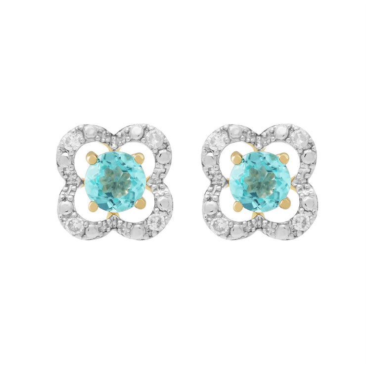 Boucles d'Oreilles Clou Apatite Classique Or Jaune 375 et Ear-Jacket Fleur Diamant
