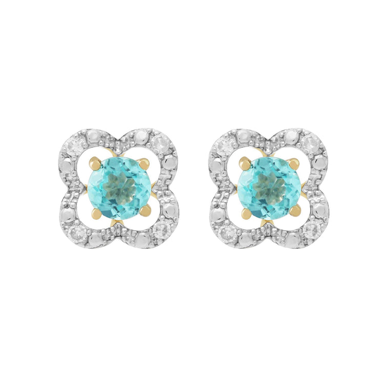 Boucles d'Oreilles Clou Apatite Classique Or Jaune 375 et Ear-Jacket Fleur Diamant