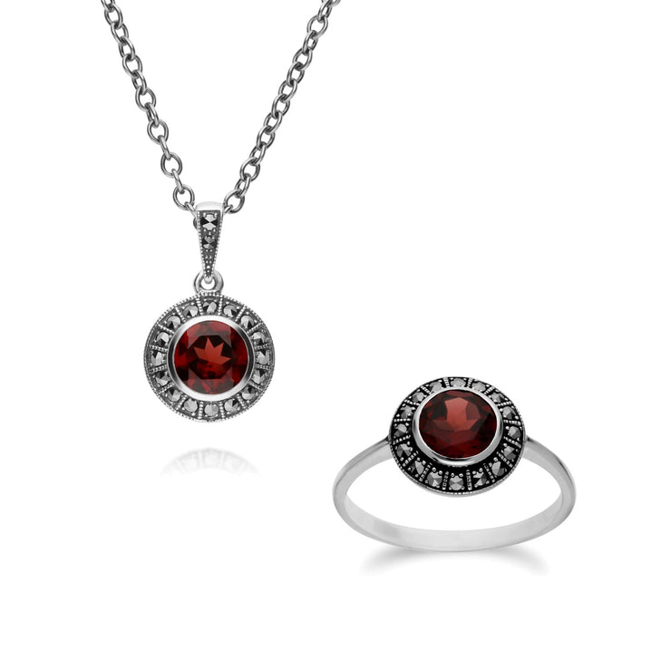 Pendentif et Bague Style Art Déco Argent 925 Grenat et Marcassite Cluster Rond