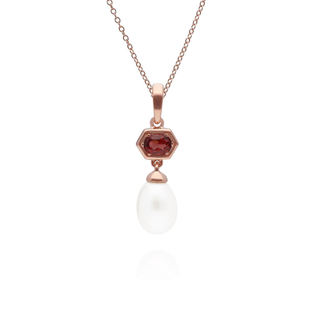 Pendentif Moderne Perle Argent 925 Plaqué Or Rose Perle et Grenat Hexagonal