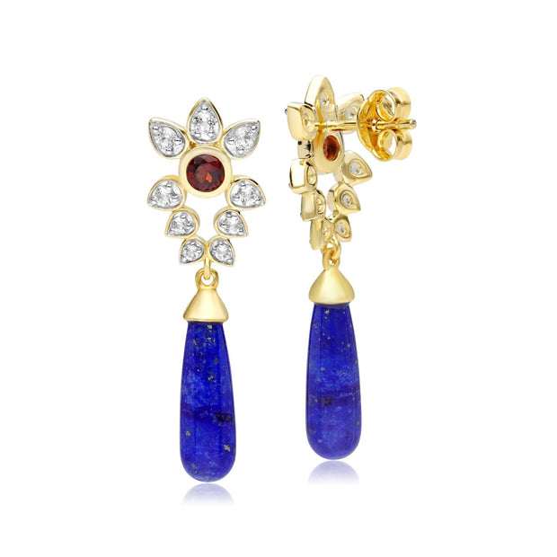 Boucles D'Oreilles Pendantes Florales ECFEW™ 'The Creator' Lapis Lazuli Topaze Blanche et Grenat