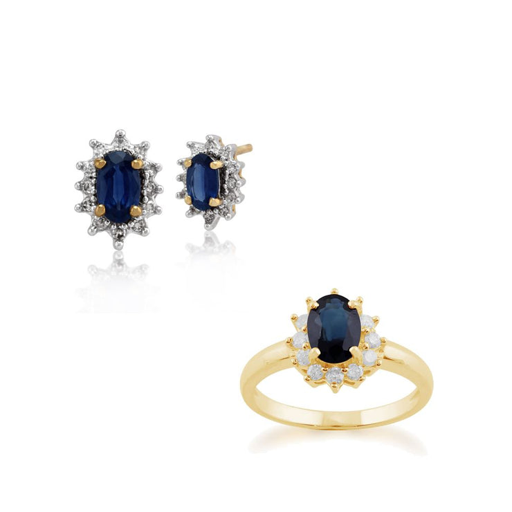 Boucles d'Oreilles Clou et Bague Classique Oval Or Jaune 375 Sapphire et Diamant Halo Cluster