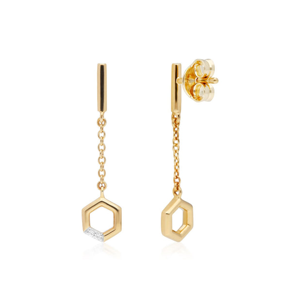 Boucles d'Oreilles Pendantes Chaîne Hexagone Pavé Diamant Or Jaune 375