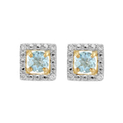 Boucles d'Oreilles Clou Aigue-Marine Classique Or Jaune 375 et Ear-Jacket Carré Diamant