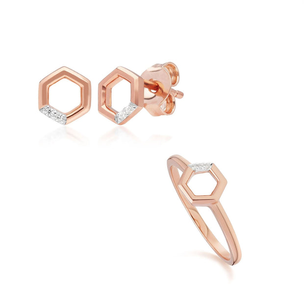 Bague et Boucles d'Oreilles Clou Hexagone Pavé Diamant Or Rose 375