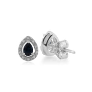 Boucles d'Oreilles Clou Classique Or Blanc 375 Saphir Poire et Diamant Halo