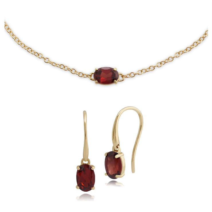 Bracelet et Boucles d'Oreilles Pendantes Classique Or Jaune 375 Grenat Oval