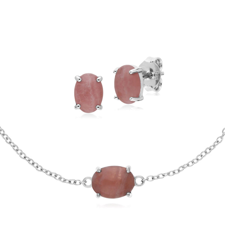 Bracelet et Boucles d'Oreilles Clou Classique Argent 925 Rhodochrosite Oval