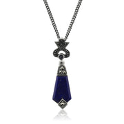 Pendentif Style Art Déco Argent 925 Lapis Lazuli Cabochon et Marcassite