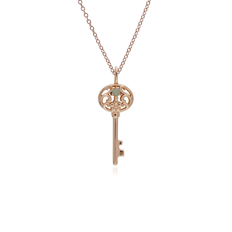 Pendentif Classique Cadenas Cœur Torsadé Argent 925 Plaqué Or Rose et Charms Grande Clé Jade