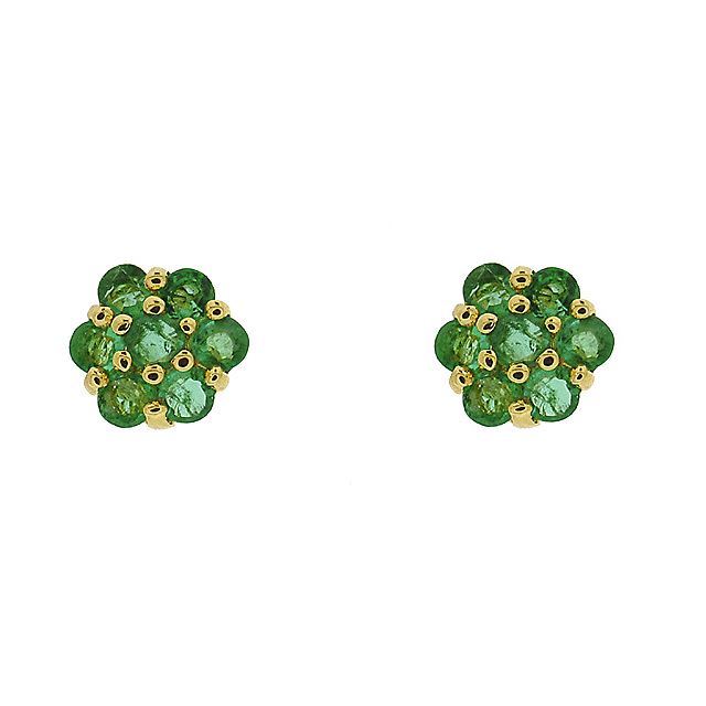 Boucles d'Oreilles Clou Floral Or Jaune 375 Emeraude Cluster