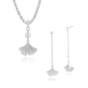 Pendentif et Boucles d'Oreilles Pendantes Feuille de Gingko Floral Argent 925 Perle Ronde