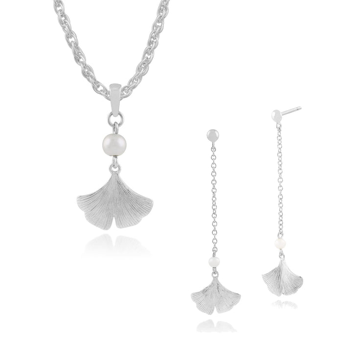 Pendentif et Boucles d'Oreilles Pendantes Feuille de Gingko Floral Argent 925 Perle Ronde