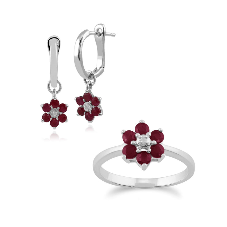 Boucles d'Oreilles Pendantes et Bague Floral Or Blanc 375 Rubis et Diamant