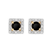 Boucles d'Oreilles Clou Onyx Noire Classique Or Jaune 375 et Ear-Jacket Carré Diamant