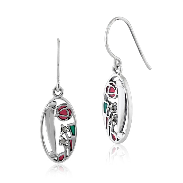 Boucles d'Oreilles Pendantes Style Rennie Mackintosh Argent 925 Marcassite et Email