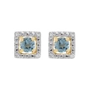 Boucles d'Oreilles Clou Topaze Bleue Classique Or Jaune 375 et Ear-Jacket Carré Diamant