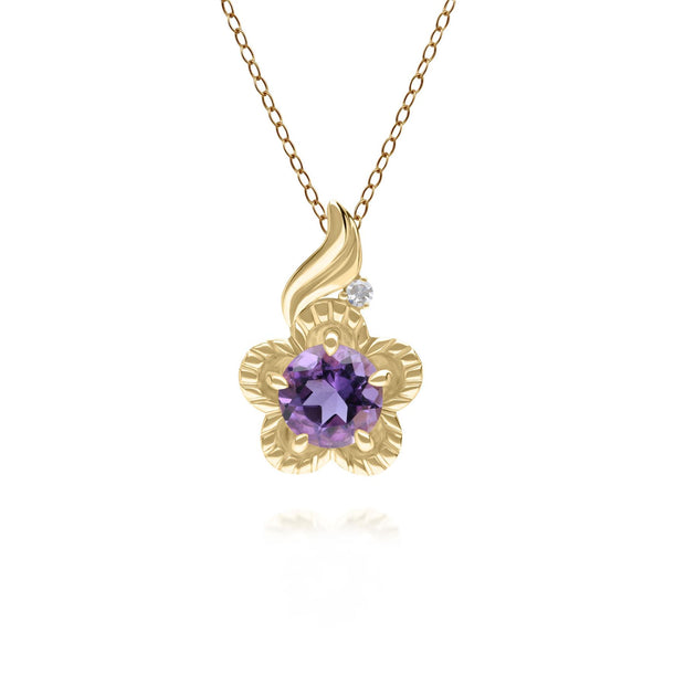 Pendentif Floral Or Jaune 375 avec Améthyste et Diamant Ronds