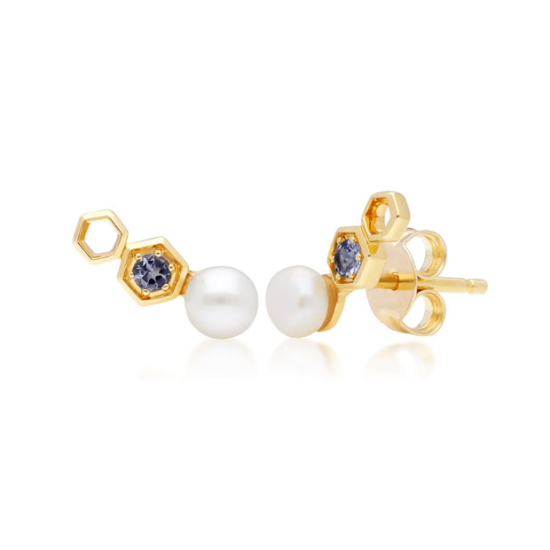 Boucles d'Oreilles Climbers Clou Moderne Or Jaune 375 Tanzanite et Perle