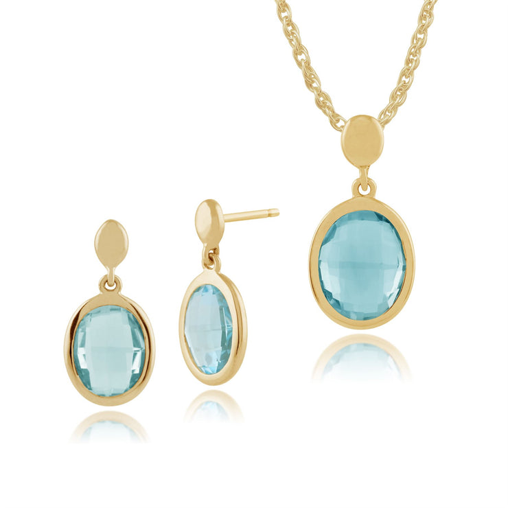 Pendentif et Boucles d'Oreilles Pendantes Classique Or Jaune 375 Topaze Bleue Ovale serti Clos