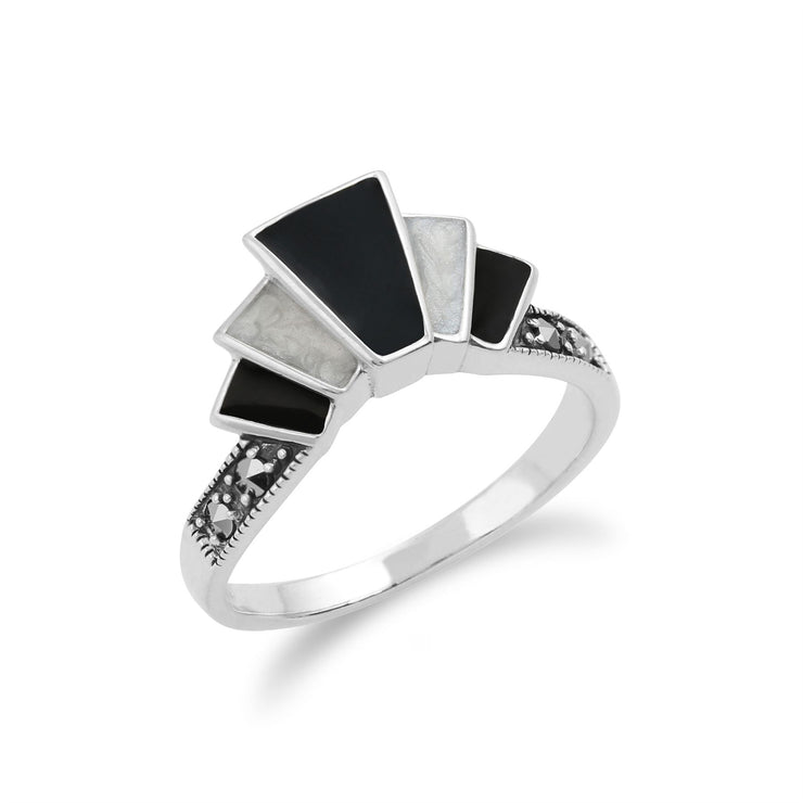 Gemondo Art Déco Bague, en Argent Sterling 925 Art Déco Émail Noir et Blanc & Marcassite Bague