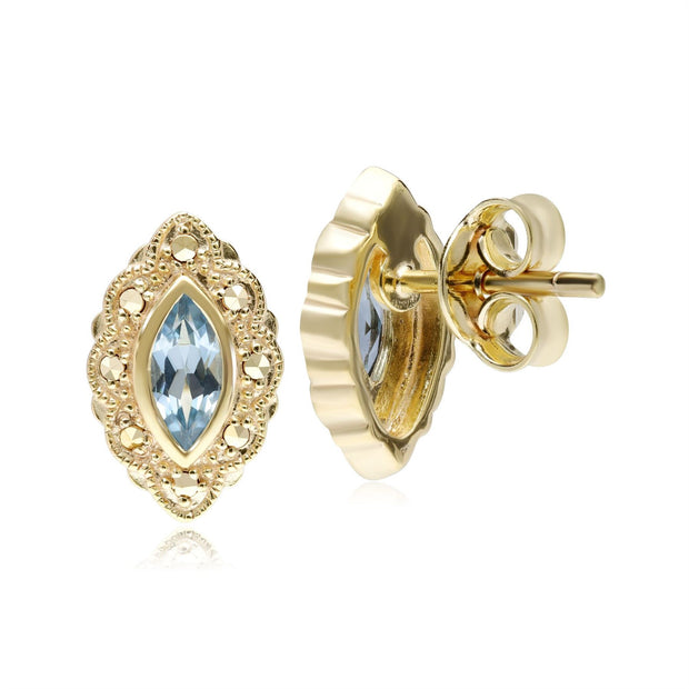 Boucles d'Oreilles Clou Topaze Bleue Marquise et Marcassite