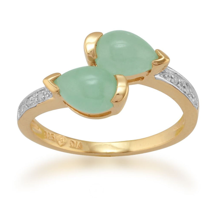 gemondo jade bague ,argent sterling Plaqué Or 1.34ct CT JADE & 3PT diamant deux Pierre bague