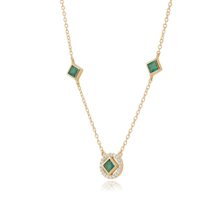 Collier Classique Or Jaune 925 Emeraude Carrée et Diamant Style Halo