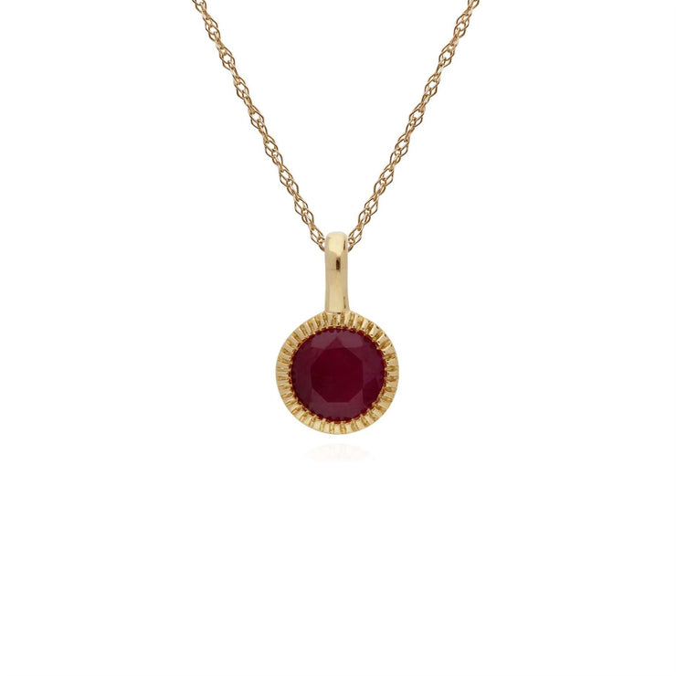 Rubis Collier, 9 CT or Jaune Rubis Pierre Unique Rond Milgrain Pendentif sur 45cm Chaîne