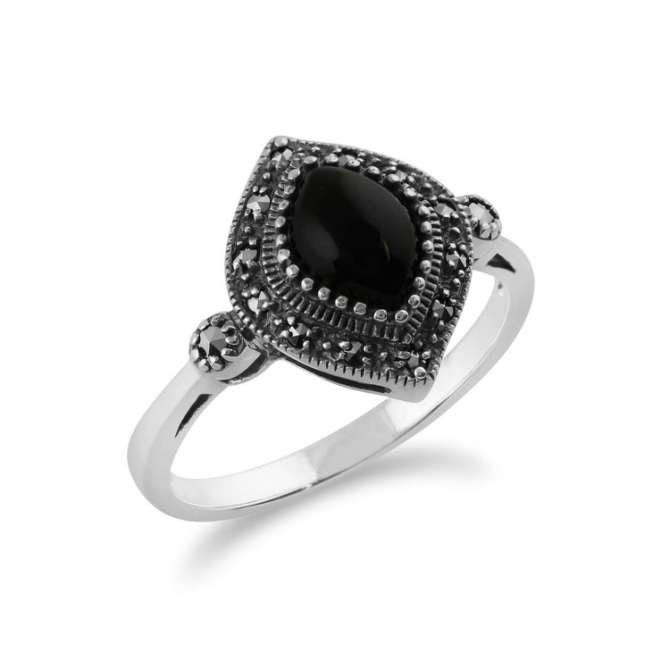 Gemondo Art Déco Bague, en Argent Sterling 925 1.00 Carat Onyx Noir & Marcassite Art Déco Bague