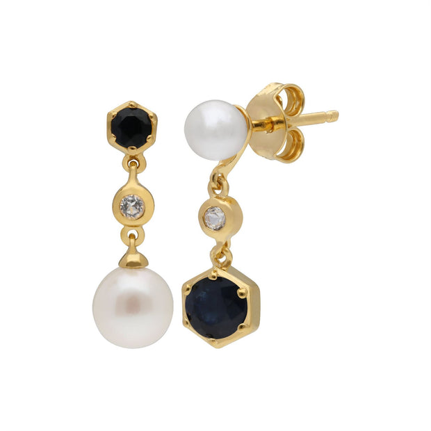 Boucles d'Oreilles et Pendentif Perle Moderne Argent 925 Perle, Saphir et Topaze