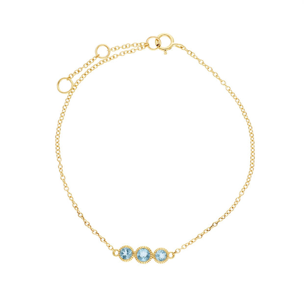 Topaze Bleu Bracelet, 9 CT or Jaune Topaze Bleue Triple Stone Round Milgrain 19cm Bracelet