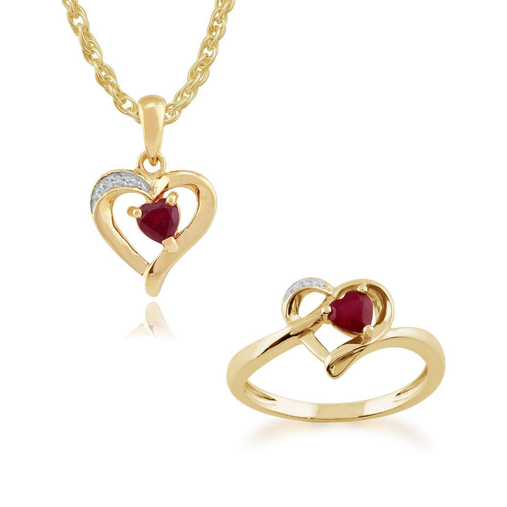 Pendentif et Bague Cœur Classique Or Jaune 375 Rubis et Diamant