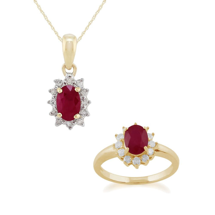 Pendentif et Bague Oval Classique Or Jaune 375 Rubis et Diamant Halo Cluster